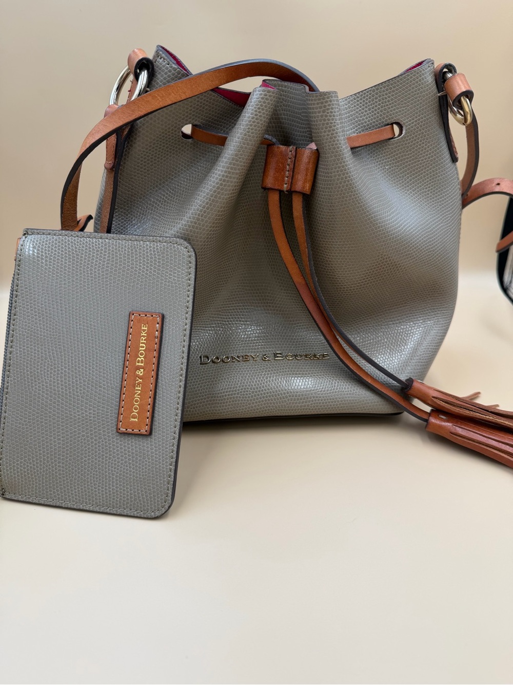 Dooney & Bourke Gray Drawstring Bucket Bag with Tan Trim